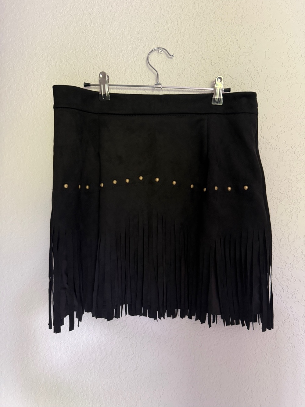 Black Fringe Mini Skirt with Stud Detail